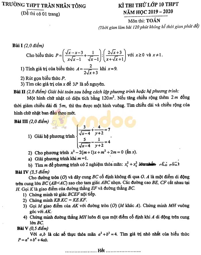 Đề thi thử vào lớp 10 môn Toán trường THPT Trần Nhân Tông năm học 2019 - 2020