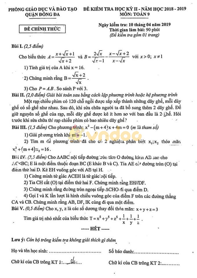 Đề thi học kì 2 lớp 9 môn Toán Phòng GD&ĐT quận Đống Đa năm học 2018 - 2019