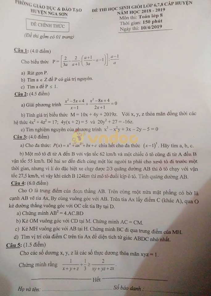 Đề thi chọn học sinh giỏi cấp huyện lớp 8 môn Toán Phòng GD&ĐT huyện Nga Sơn năm học 2018 - 2019