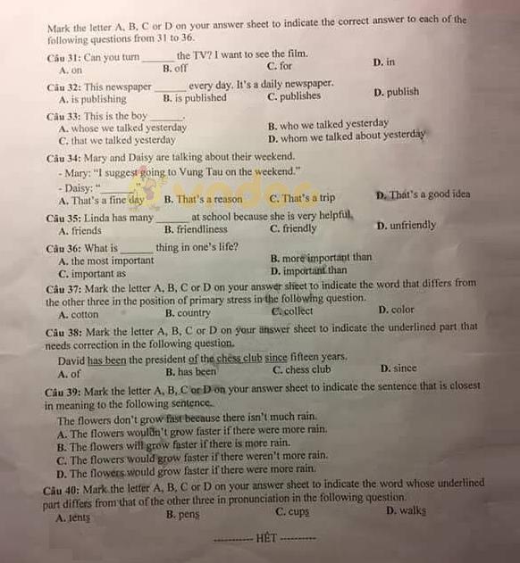 Đề thi tổ hợp tuyển sinh vào lớp 10 Sở GD&ĐT Hải Phòng năm học 2017 - 2018