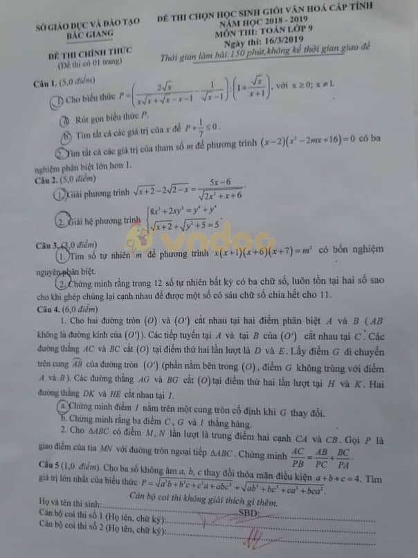 Đề thi chọn học sinh giỏi cấp tỉnh lớp 9 môn Toán Sở GD&ĐT Bắc Giang năm học 2018 - 2019