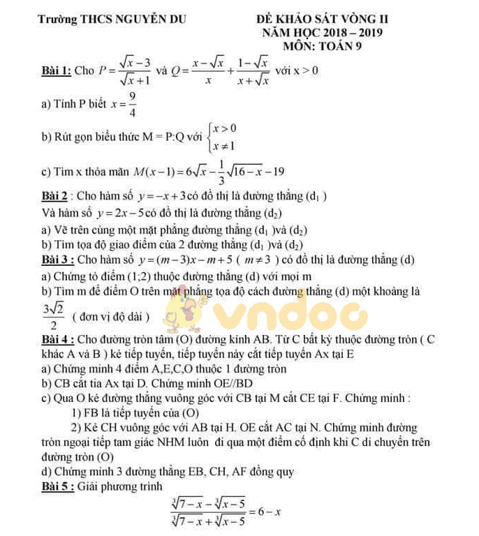 Đề thi khảo sát lớp 9 môn Toán trường THCS Nguyễn Du năm học 2018 - 2019 (Vòng 2)