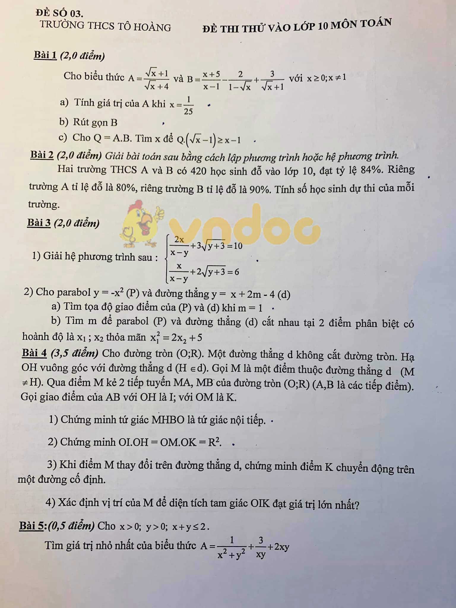 Đề thi thử vào lớp 10 môn Toán trường THCS Tô Hoàng năm học 2019 - 2020 (Đề 03)