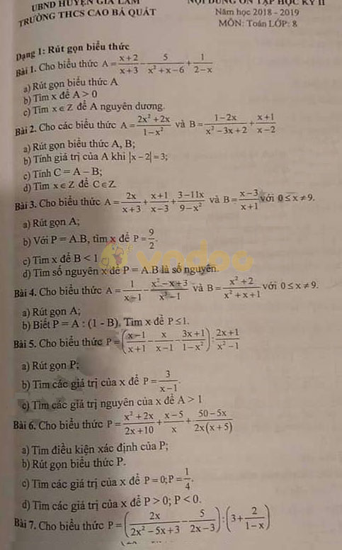 Đề thi học kì 2 lớp 8 môn Toán trường THCS Cao Bá Quát, Gia Lâm năm học 2018 - 2019