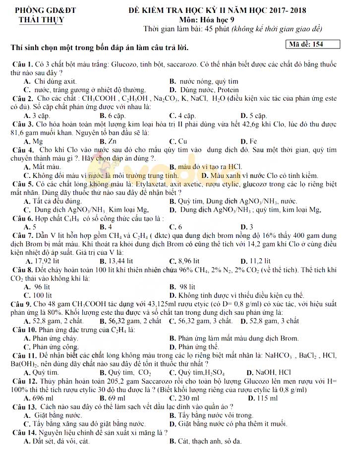 Đề thi học kì 2 lớp 9 môn Hóa học Phòng GD&ĐT Thái Thụy năm học 2017 - 2018