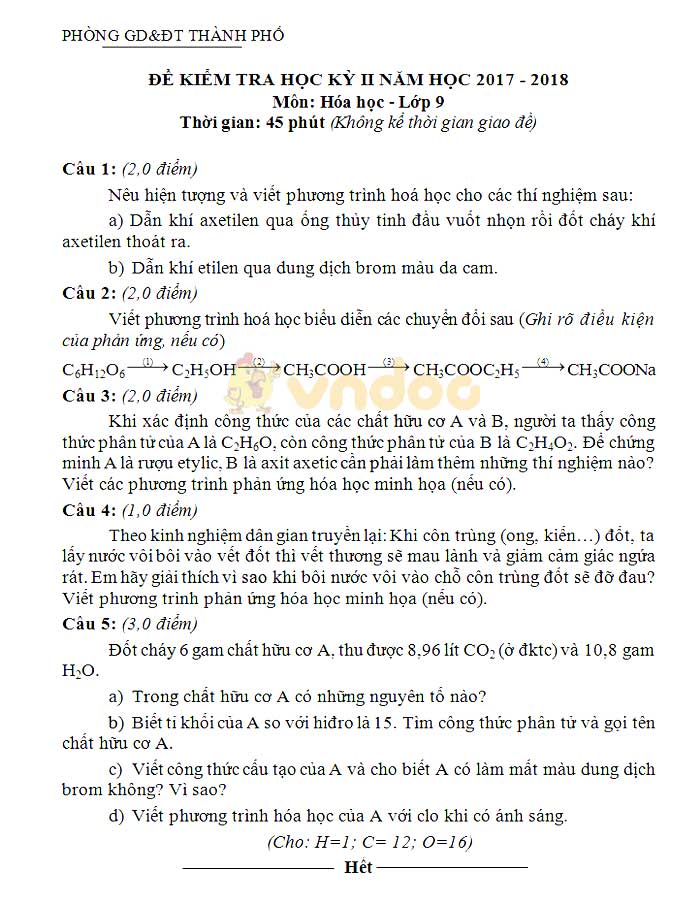 Đề thi học kì 2 lớp 9 môn Hóa học Phòng Thành phố Cao Bằng năm học 2017 - 2018