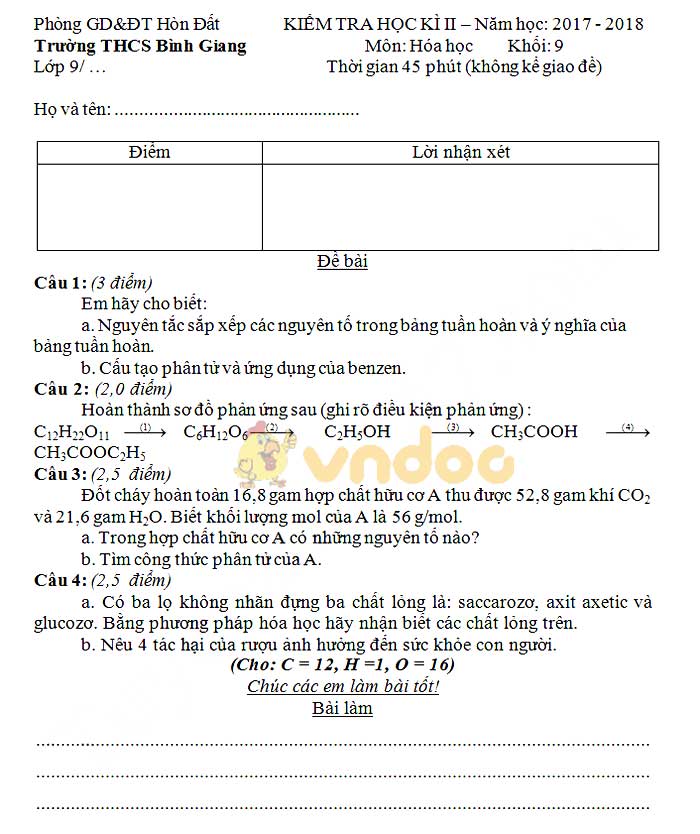 Đề thi học kì 2 lớp 9 môn Hóa học trường THCS Bình Giang, Hòn Đất năm học 2017 - 2018