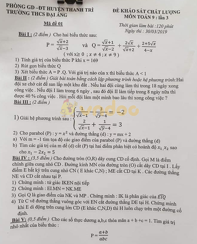 Đề thi KSCL lớp 9 môn Toán trường THCS Đại Áng, Thanh Trì năm học 2018 - 2029