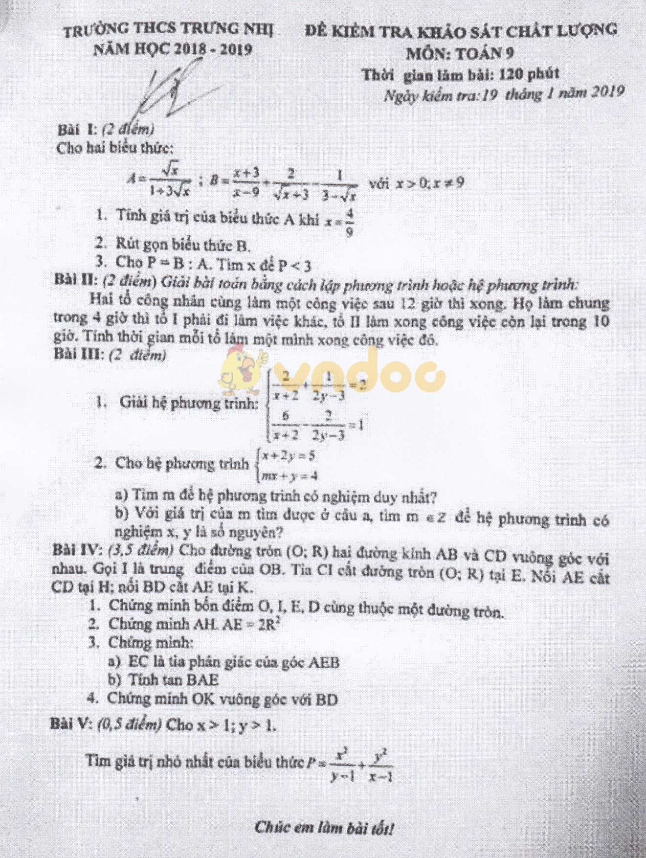 Đề thi KSCL lớp 9 môn Toán trường THCS Trưng Nhị năm học 2018 - 2019