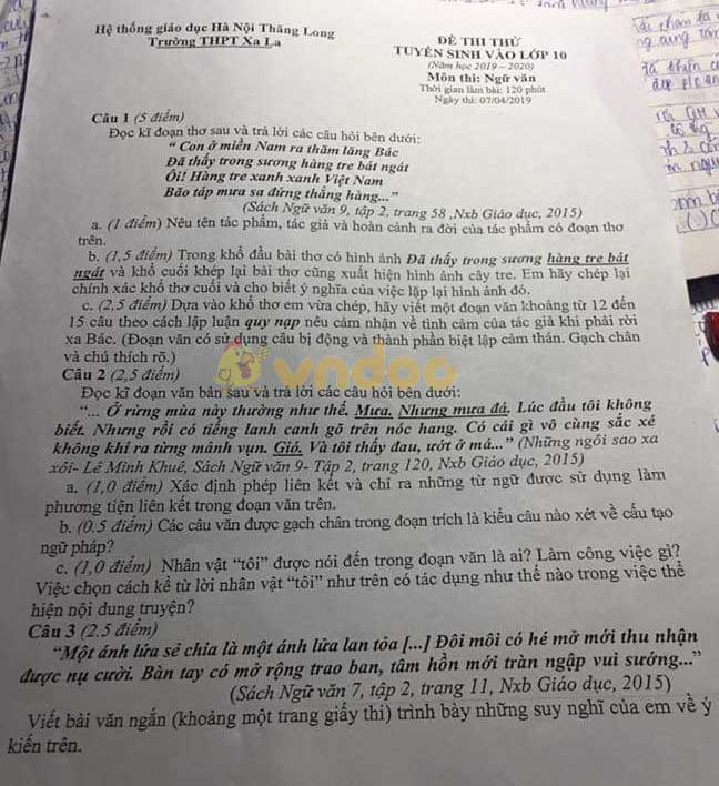 Đề thi thử vào lớp 10 môn Ngữ văn trường THPT Xa La, Hà Nội năm học 2019 - 2020