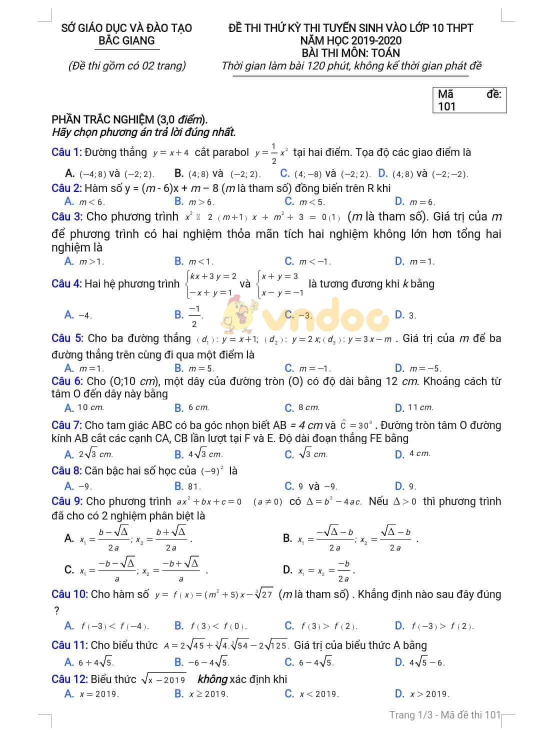 Đề thi thử vào lớp 10 môn Toán Sở GD&ĐT Bắc Giang năm học 2019 - 2020