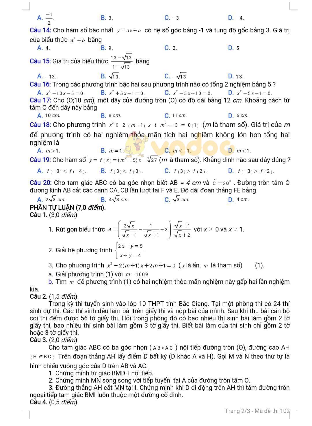 Đề thi thử vào lớp 10 môn Toán Sở GD&ĐT Bắc Giang năm học 2019 - 2020