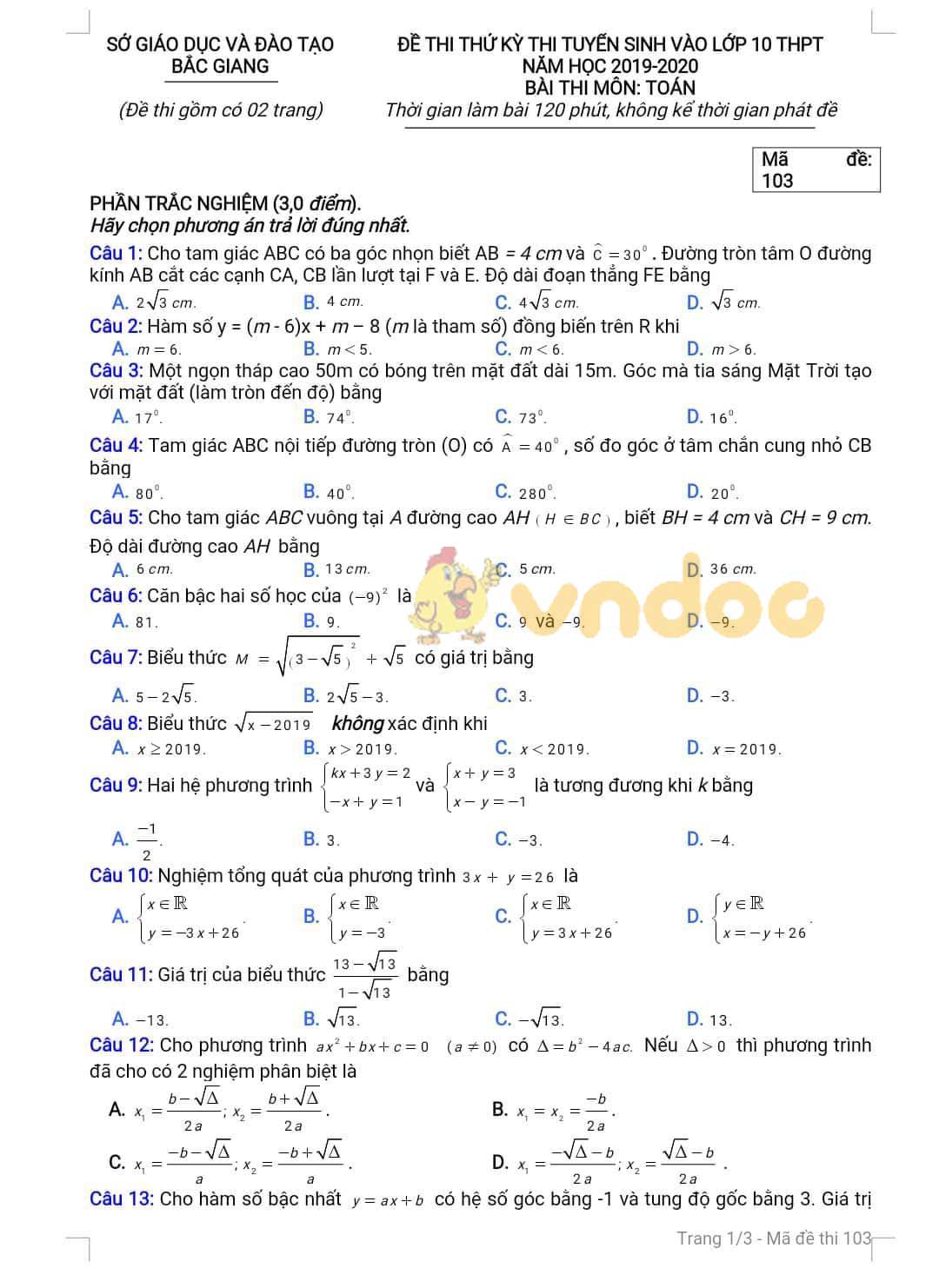 Đề thi thử vào lớp 10 môn Toán Sở GD&ĐT Bắc Giang năm học 2019 - 2020