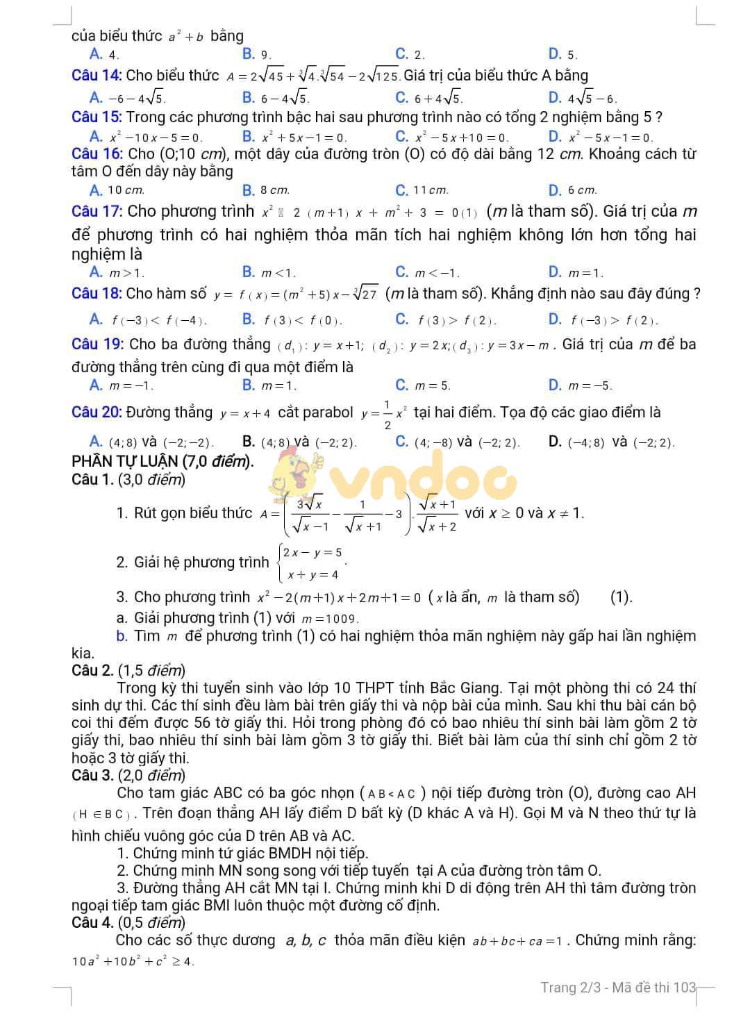 Đề thi thử vào lớp 10 môn Toán Sở GD&ĐT Bắc Giang năm học 2019 - 2020
