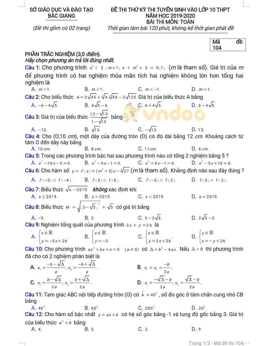 Đề thi thử vào lớp 10 môn Toán Sở GD&ĐT Bắc Giang năm học 2019 - 2020