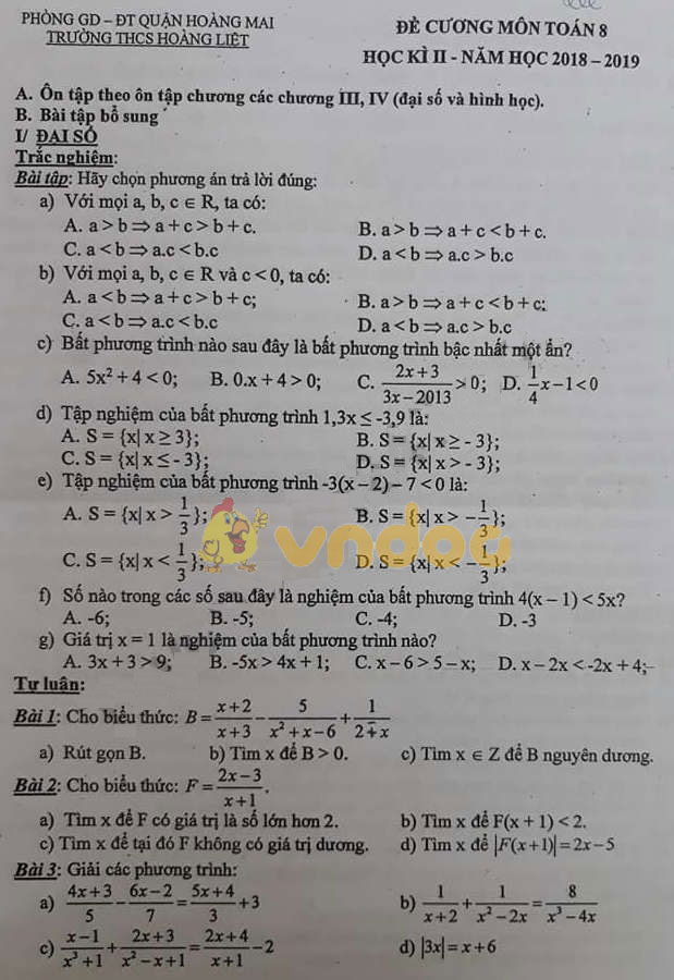 Đề cương ôn thi học kì 2 lớp 8 môn Toán trường THCS Hoàng Liệt, Hoàng Mai năm học 2018 - 2019