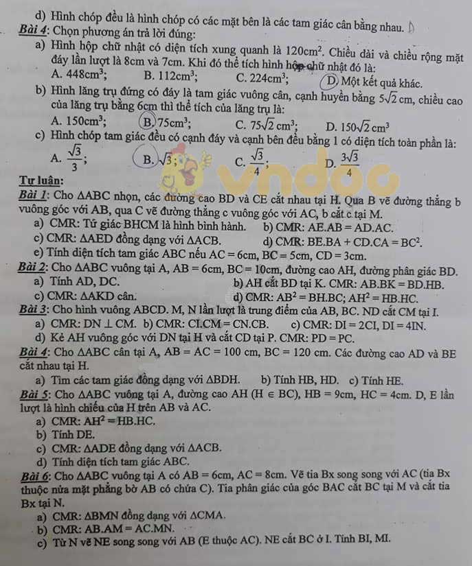 Đề cương ôn thi học kì 2 lớp 8 môn Toán trường THCS Hoàng Liệt, Hoàng Mai năm học 2018 - 2019