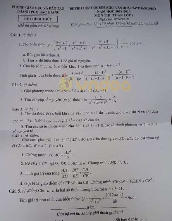 Đề thi chọn học sinh giỏi cấp thành phố lớp 8 môn Toán Phòng GD&ĐT TP Bắc Giang năm học 2018 - 2019