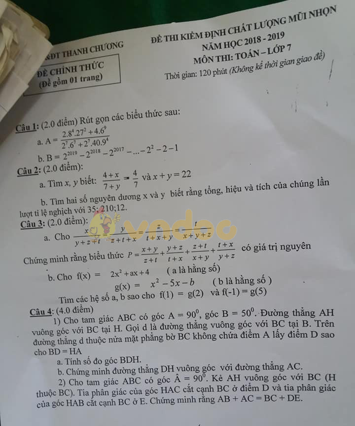Đề thi KSCL Mũi Nhọn lớp 7 môn Toán Phòng GD&ĐT Thanh Chương năm học 2018 - 2019