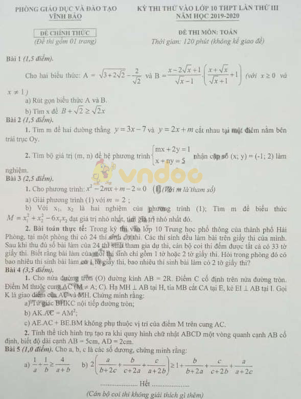 Đề thi thử vào lớp 10 môn Toán Phòng GD&ĐT Vĩnh Bảo năm học 2019 - 2020 (lần 3)