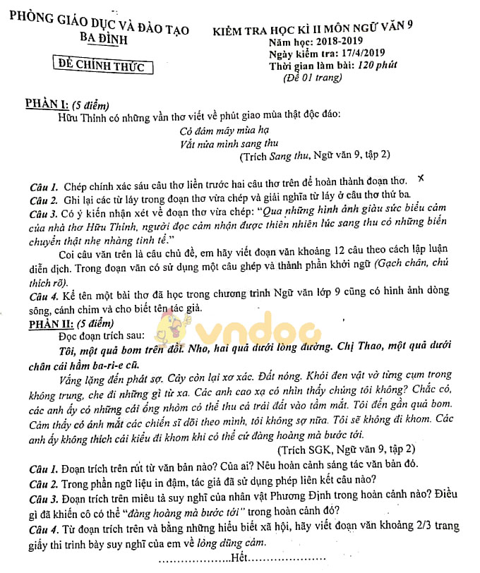 Đề thi học kì 2 lớp 9 môn Ngữ văn Phòng GD&ĐT Ba Đình năm học 2018 - 2019