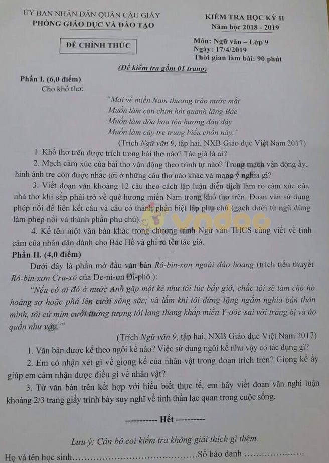 Đề thi học kì 2 lớp 9 môn Ngữ văn Phòng GD&ĐT Quận Cầu Giấy năm học 2018 - 2019