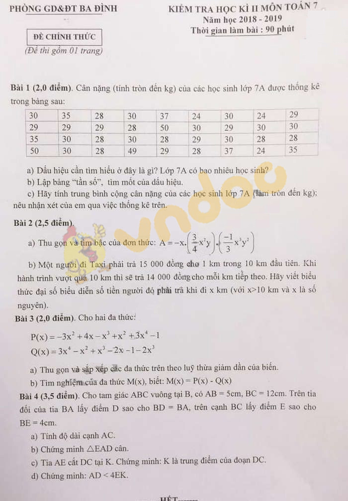 Đề thi học kì 2 lớp 7 môn Toán Phòng GD&ĐT Ba Đình năm học 2018 - 2019