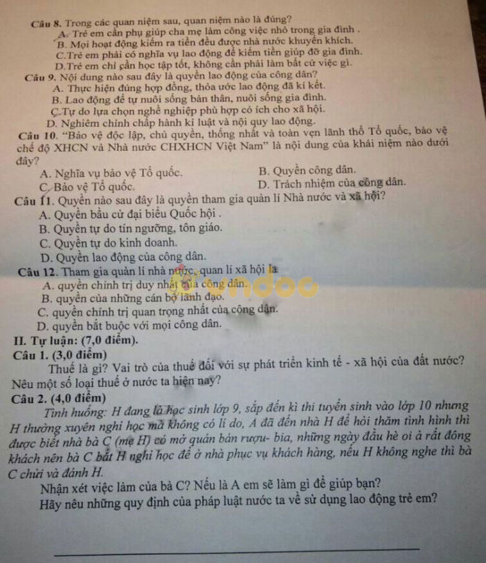 Đề thi học kì 2 lớp 9 môn GDCD Phòng GD&ĐT Hiệp Hòa năm học 2018 - 2019