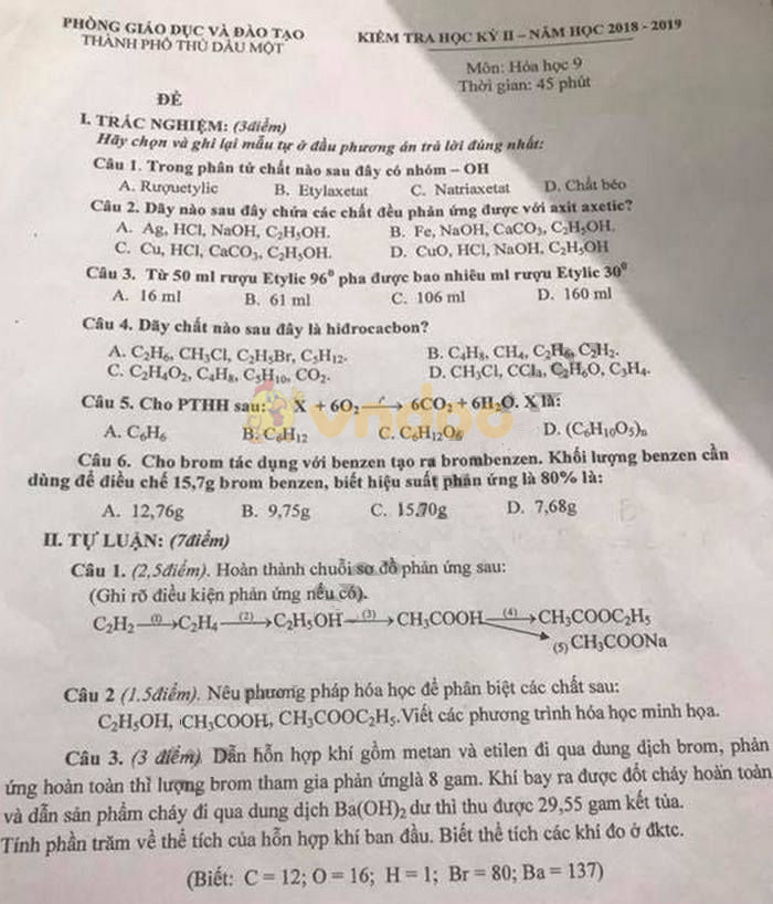 Đề thi học kì 2 lớp 9 môn Hóa học Phòng GD&ĐT Thủ Dầu Một năm học 2018 - 2019