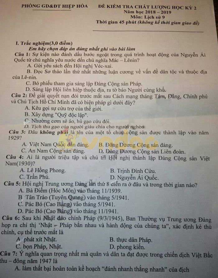 Đề thi học kì 2 lớp 9 môn Lịch sử Phòng GD&ĐT Hiệp Hòa năm học 2018 - 2019