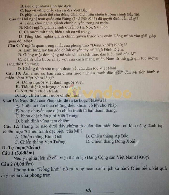 Đề thi học kì 2 lớp 9 môn Lịch sử Phòng GD&ĐT Hiệp Hòa năm học 2018 - 2019
