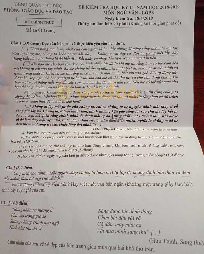 Đề thi học kì 2 lớp 9 môn Ngữ văn Phòng GD&ĐT Quận Thủ Đức năm học 2018 - 2019