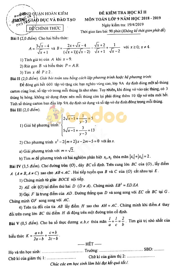 Đề thi học kì 2 lớp 9 môn Toán Phòng GD&ĐT Quận Hoàn Kiếm năm học 2018 - 2019