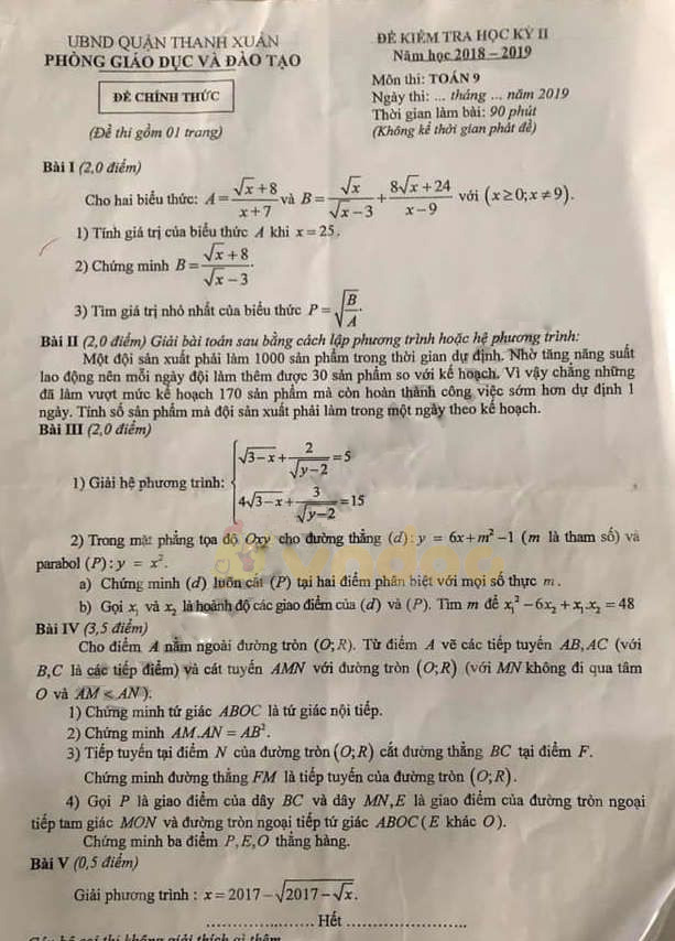 Đề thi học kì 2 lớp 9 môn Toán Phòng GD&ĐT Thanh Xuân Nam năm học 2018 - 2019
