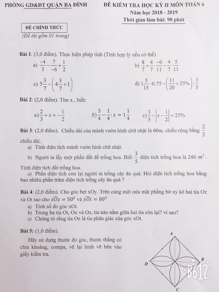 Đề thi học kì 2 môn Toán lớp 6