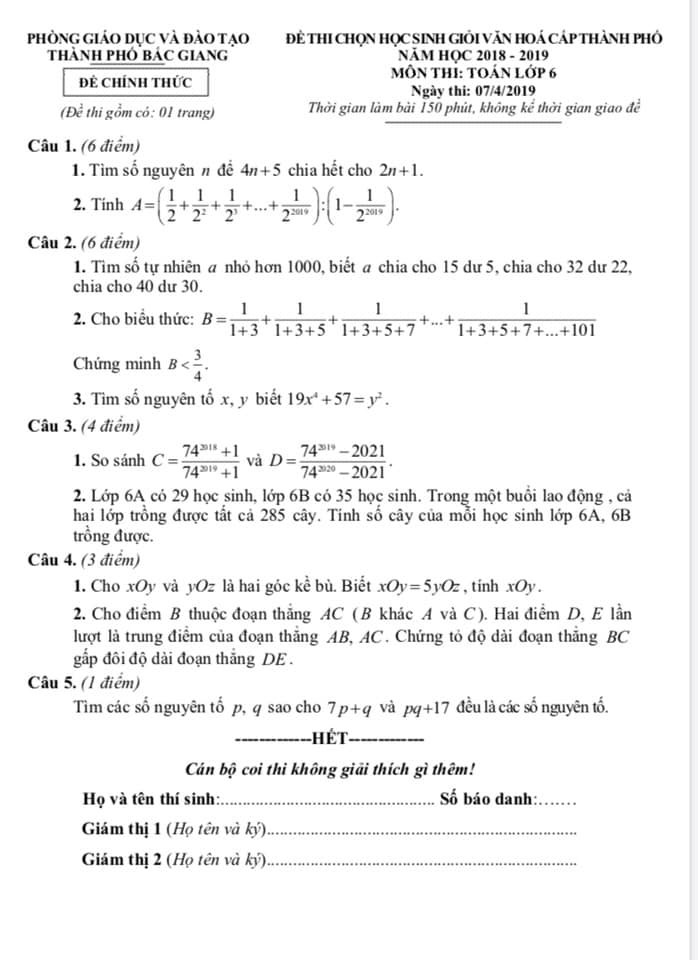 Đề thi HSG môn Toán lớp 6