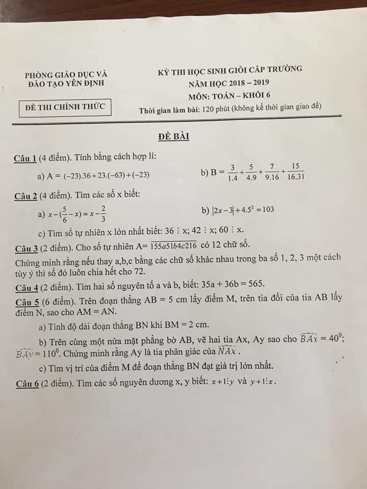 Đề thi HSG Toán 6