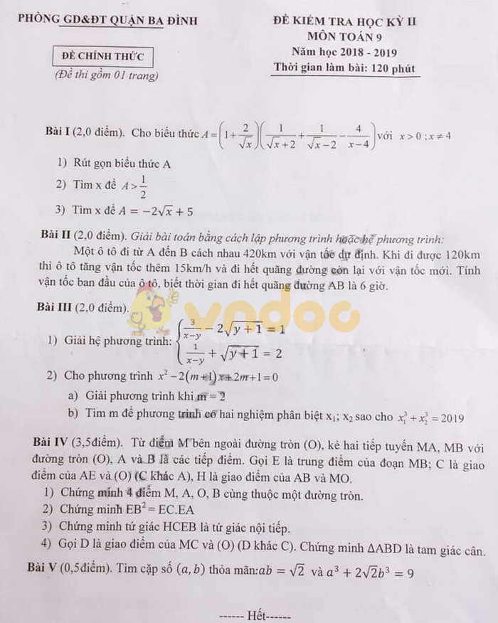 Đề thi học kì 2 lớp 9 môn Toán Phòng GD&ĐT quận Ba Đình năm học 2018 - 2019