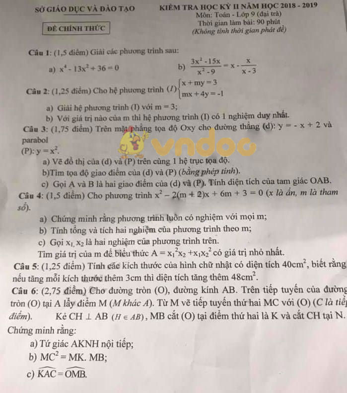 Đề thi học kì 2 lớp 9 môn Toán Sở GD&ĐT Bình Dương năm học 2018 - 2019