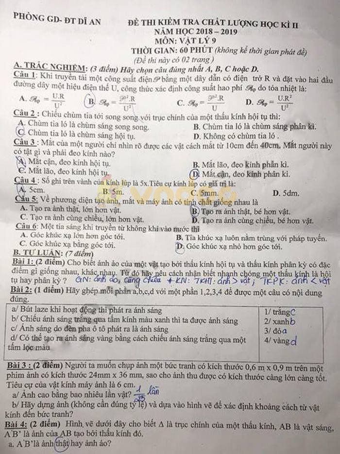 Đề thi học kì 2 lớp 9 môn Vật lý Phòng GD&ĐT Dĩ An năm học 2018 - 2019