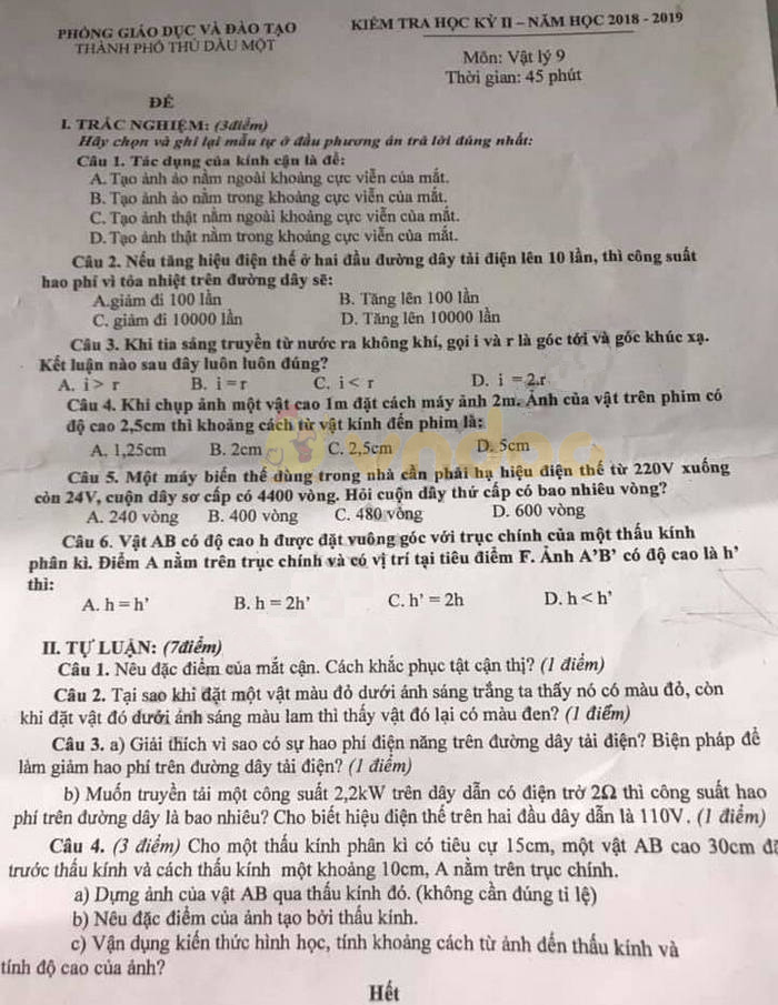 Đề thi học kì 2 lớp 9 môn Vật lý Phòng GD&ĐT Thủ Dầu Một năm học 2018 - 2019