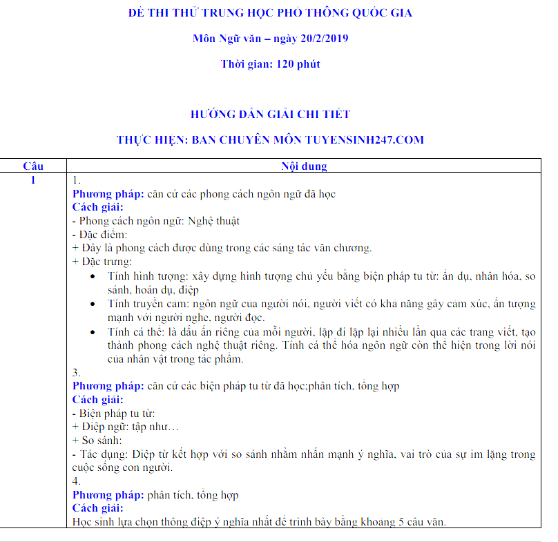 Đáp án đề thi thử THPT Quốc gia môn Ngữ văn năm 2019