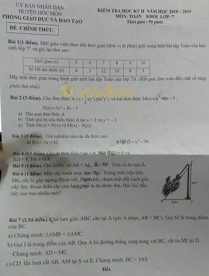 Đề thi học kì 2 lớp 7 môn Toán Phòng GD&ĐT huyện Hóc Môn năm học 2018 - 2019