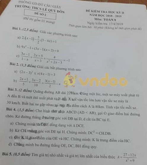 Đề thi học kì 2 lớp 8 môn Toán trường THCS Lê Quý Đôn, Cầu Giấy năm học 2018 - 2019 (đề 2)