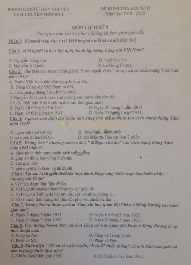 Đề thi học kì 2 lớp 9 môn Lịch sử Phòng GD&ĐT Thủy Nguyên năm học 2018 - 2019