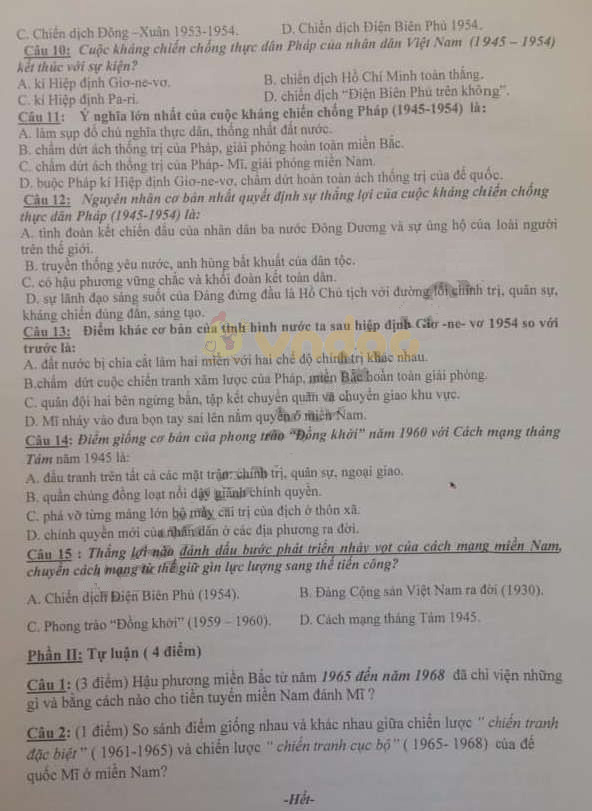 Đề thi học kì 2 lớp 9 môn Lịch sử Phòng GD&ĐT Thủy Nguyên năm học 2018 - 2019