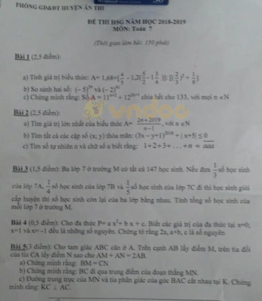 Đề thi chọn học sinh giỏi cấp huyện lớp 7 môn Toán Phòng GD&ĐT huyện Ân Thi năm học 2018 - 2019