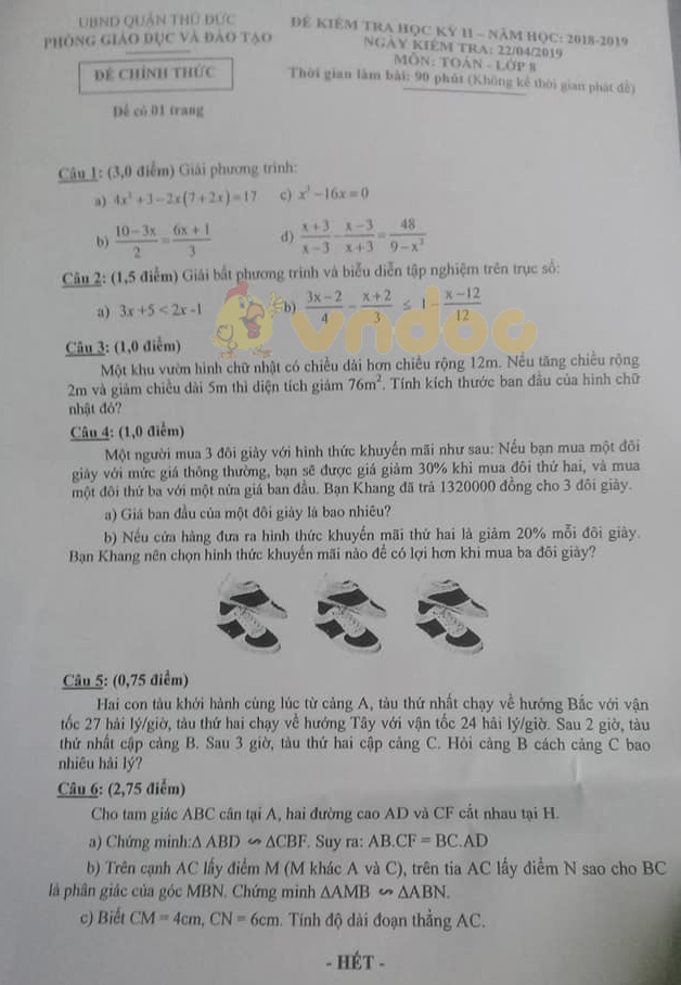 Đề thi học kì 2 lớp 8 môn Toán Phòng GD&ĐT quận Thủ Đức năm học 2018 - 2019