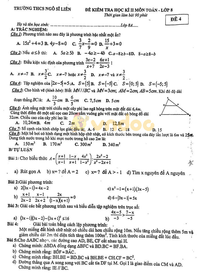 Đề thi học kì 2 lớp 8 môn Toán trường THCS Ngô Sĩ Liên (đề 4)