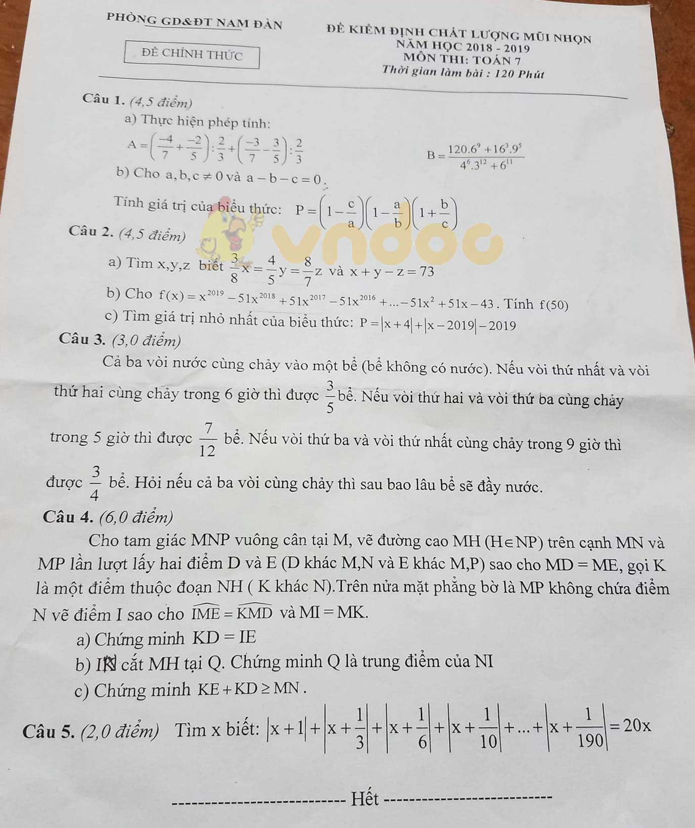Đề thi KSCL Mũi Nhọn lớp 7 môn Toán Phòng GD&ĐT Nam Đàn năm học 2018 - 2019